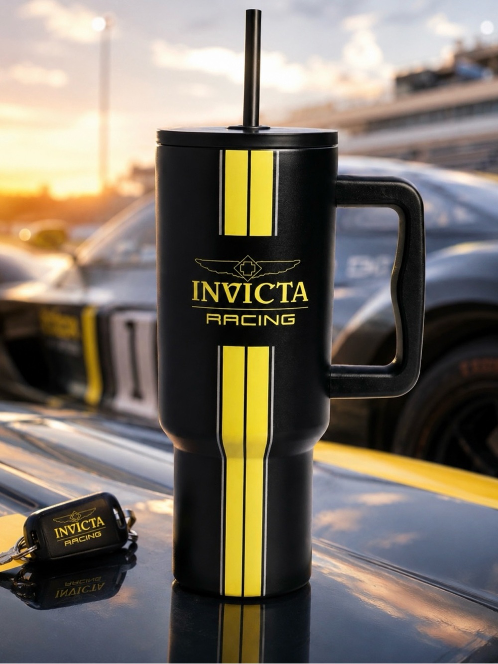 Invicta Black and Yellow Racing Travel Mug with Handle - 40 oz